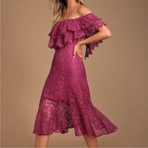 Lulus Jaclyn Magenta Lace Off-the-Shoulder Midi Dress size XS